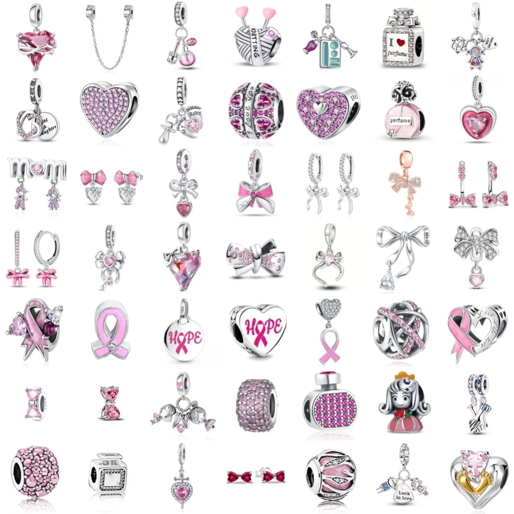 

925 Silver rose pink ribbon bow Charm Purple Bead perfume Pendant Fit Original Bracelet Jewelry Earring DIY Making Gift boy girl