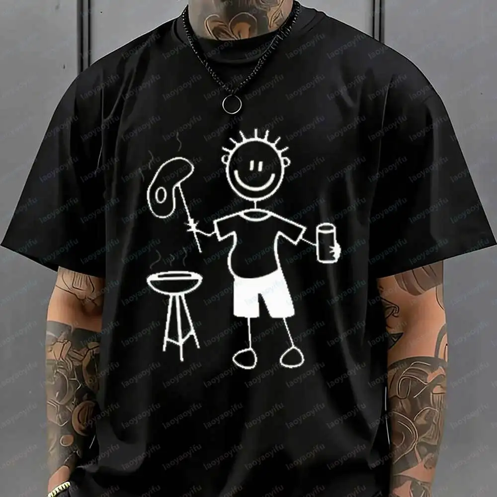 Funny Stick Figure BBQ T-Shirt Retro Grilling Graphic Summer Barbecue Dad Shirt Gift for Grill Lovers Casual Cotton Top for Men