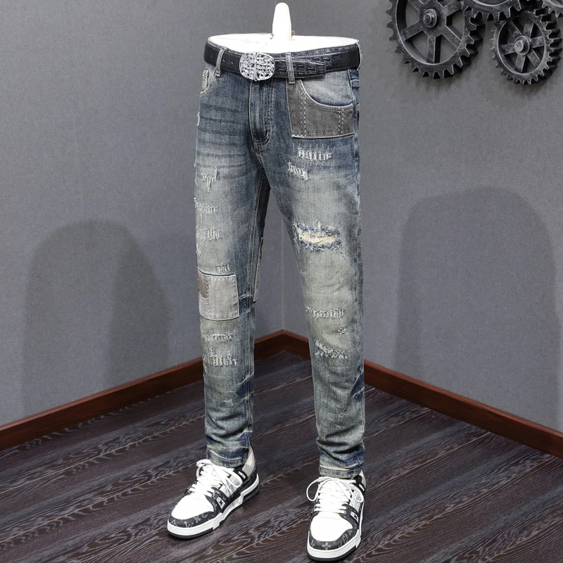 Streetwear Fashion Men Jeans Retro Washed Blue Stretch Slim Fit Ripped Jeans Men Patched Designer Hip Hop Denim Pants Hombre
