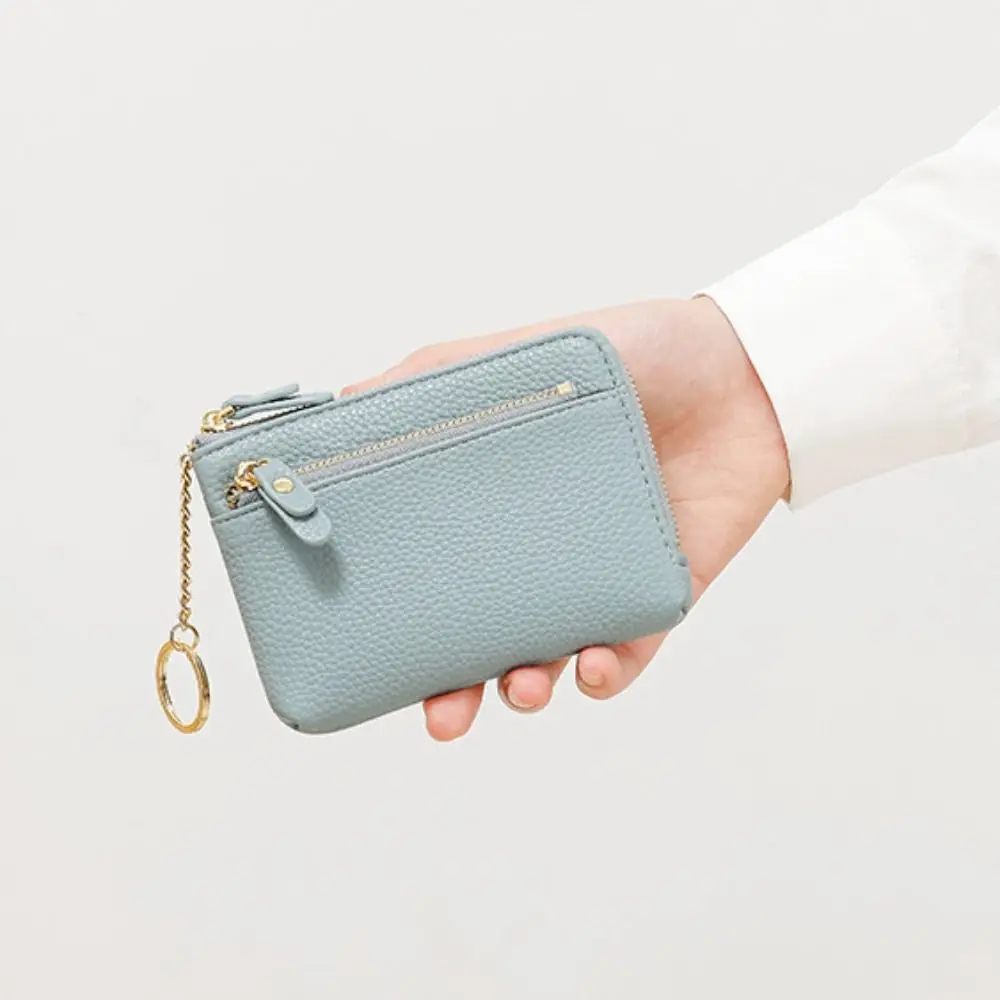 Leather Coin Purse Multi Card Slots Solid Color Keychain Wallet Zipper Closure Multi Functional Coin Pocket Earphone Storage