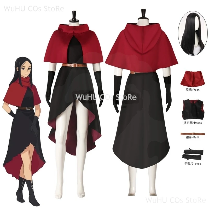 

Anime Delicious In Dungeon Cosplay Rinsha Fana Cosplay Costume Red Black FullSet Women Hallowen Rinsha Cosplay Wig Roleplay Suit