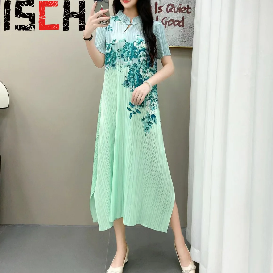 

Плиссированные платья, Новинка лета 2024, модифицированное платье Чонсам с принтом, женское темпераментное платье большого размера с юбкой, тонкие платья