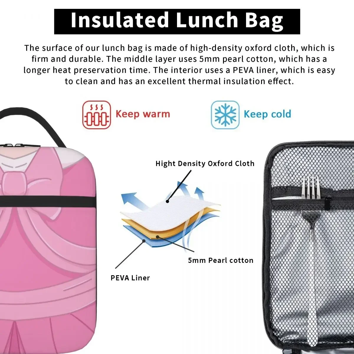 Cinderella's Pink Dress Lunch Bags Insulated Lunch Tote Waterproof Thermal Bag Resuable Picnic Bags for Woman Children Office