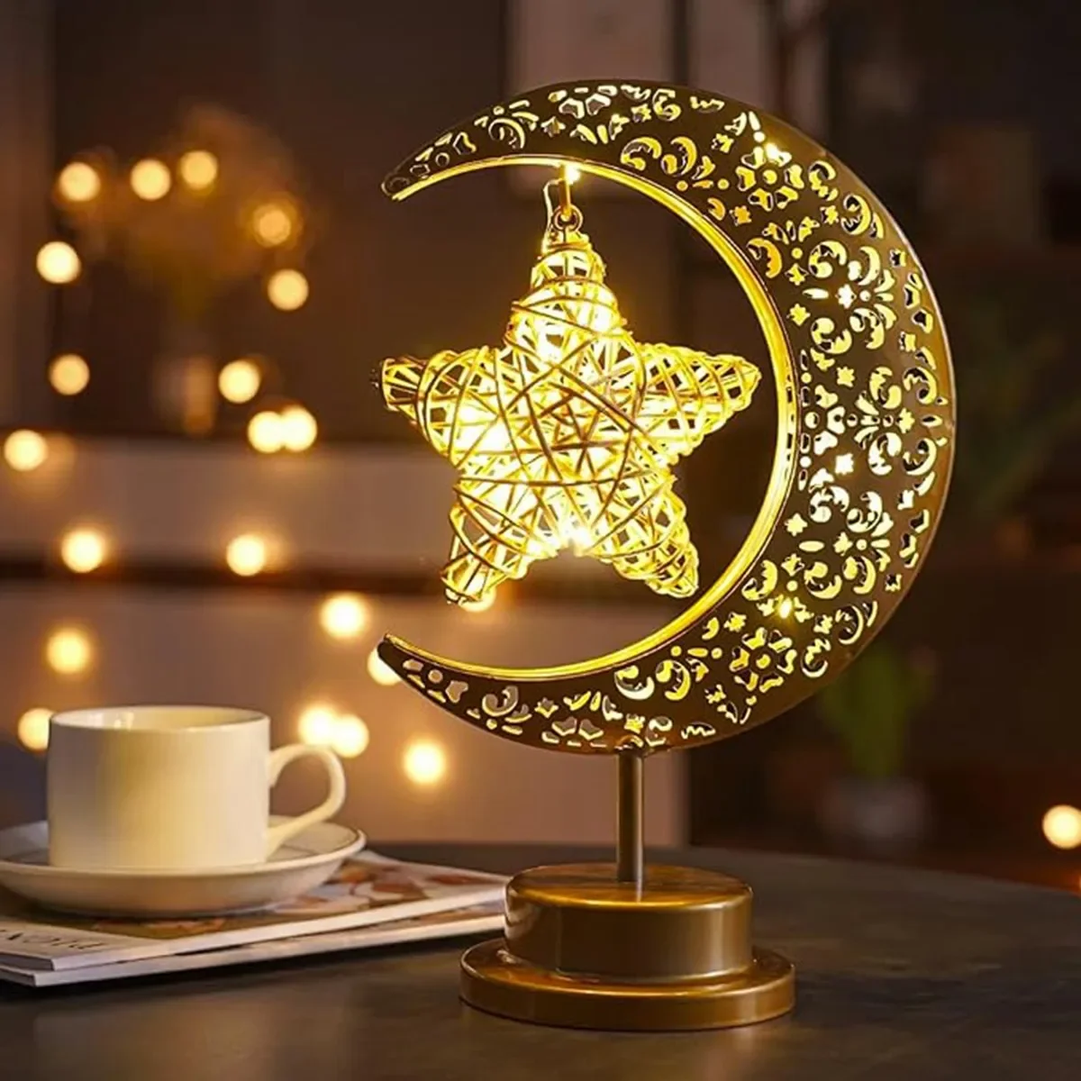 Pop 1pc Decorative Table Lamp LED Crescent Lamp Rattan Star Battery Powered Night Light For Home Eid Ramadan Party Festival Deco