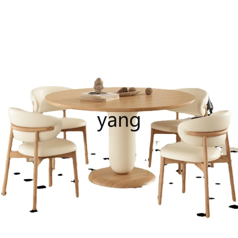 

Yjq Cream Style Solid Wood Dining Table round Conference Table Small Apartment Wood Color Dining Tables and Chairs Set