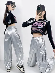 Street Style Reflective High Waist Casual Pants Slimming Jazz Dance Bright Pocket Stripes Couple Student Class Uniform Silver