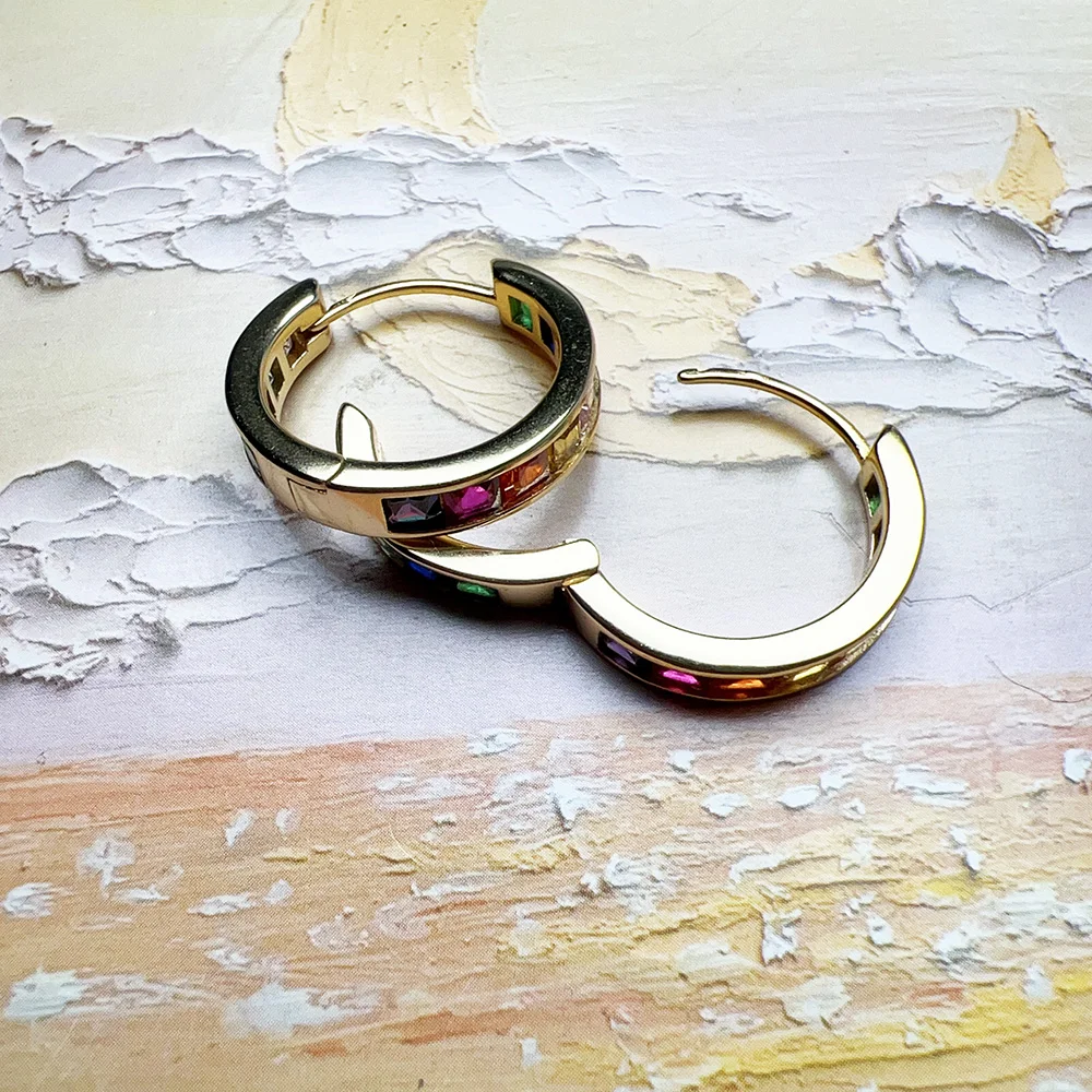 Gold Hinged Hoop Earrings Sparkling Rainbow Fine Jewerly For Women Bohemia Gift In Solid 925 Sterling Silver