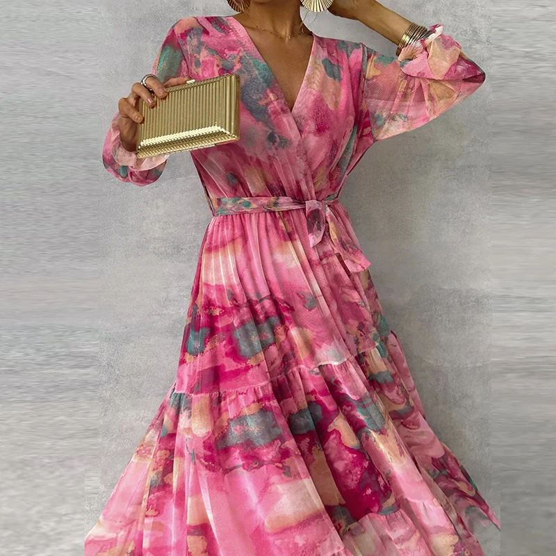 New Women Printed Office Long Dress Lady Elegant V-Neck Loose A-line Dress Summer 2024 Temperament Long Sleeve Hem Belt Dress