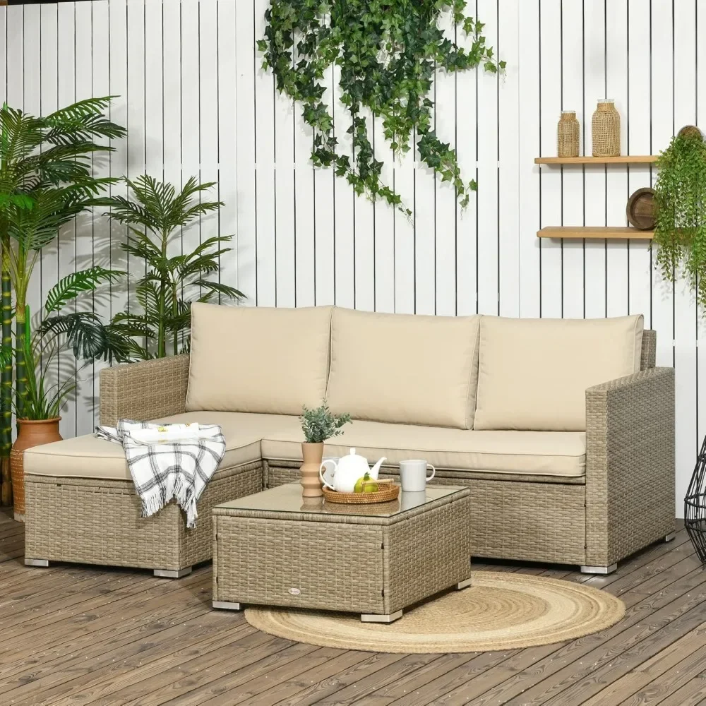 PE Rattan Conversation Sofa Set,with Storage Loveseat, Glass Top Coffee Table, 3 Piece Patio Wicker Furniture Set