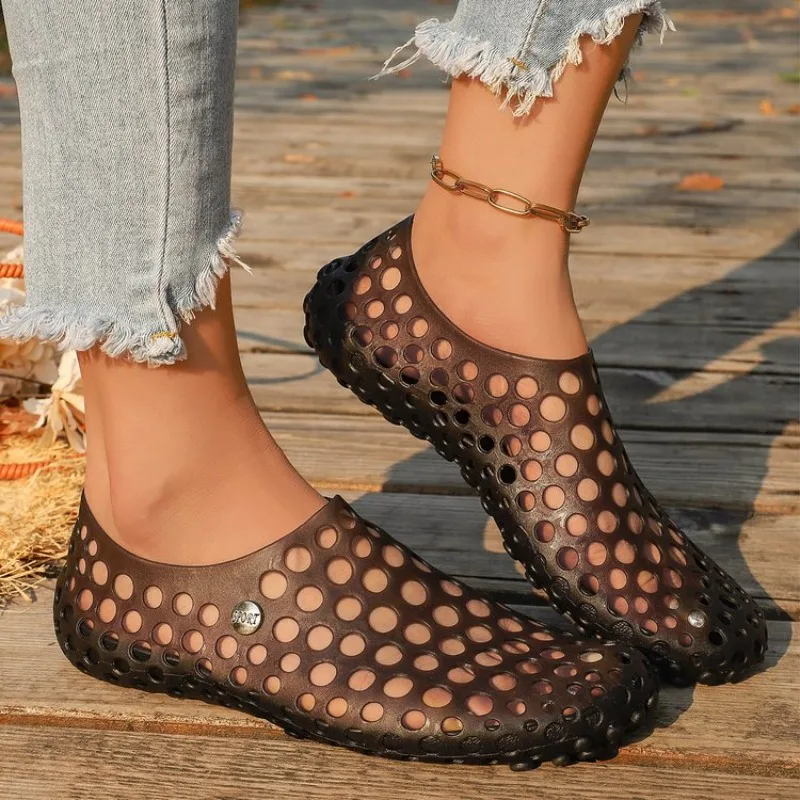 Women's Flats Slip on Round Toe Cutout Design Perforated Finish Casual Outdoor Beach Footwear Flat Heel Summer Comfort Shoes