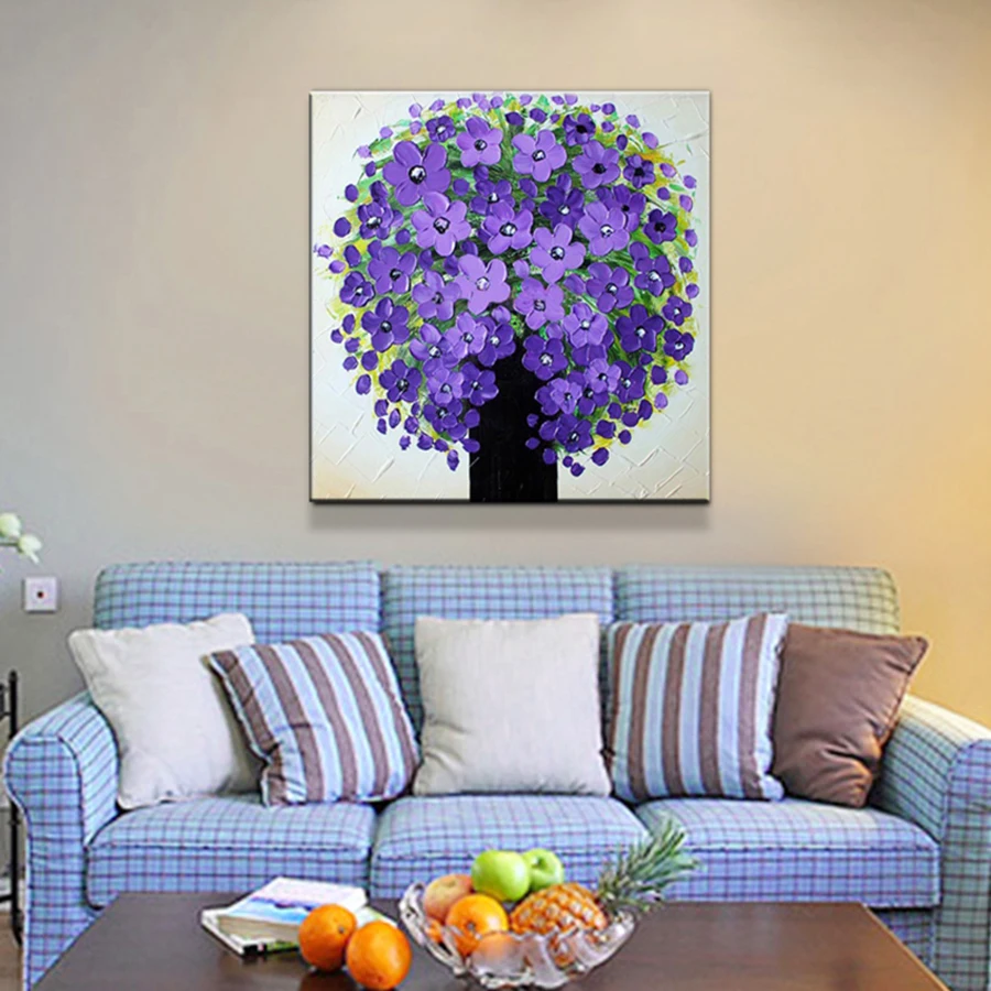 Mintura Pure Hand Painting Oil Painting Purple Flower Modern Fashion Abstract Thick Oil Painting Canva Frameless,Home Decoration