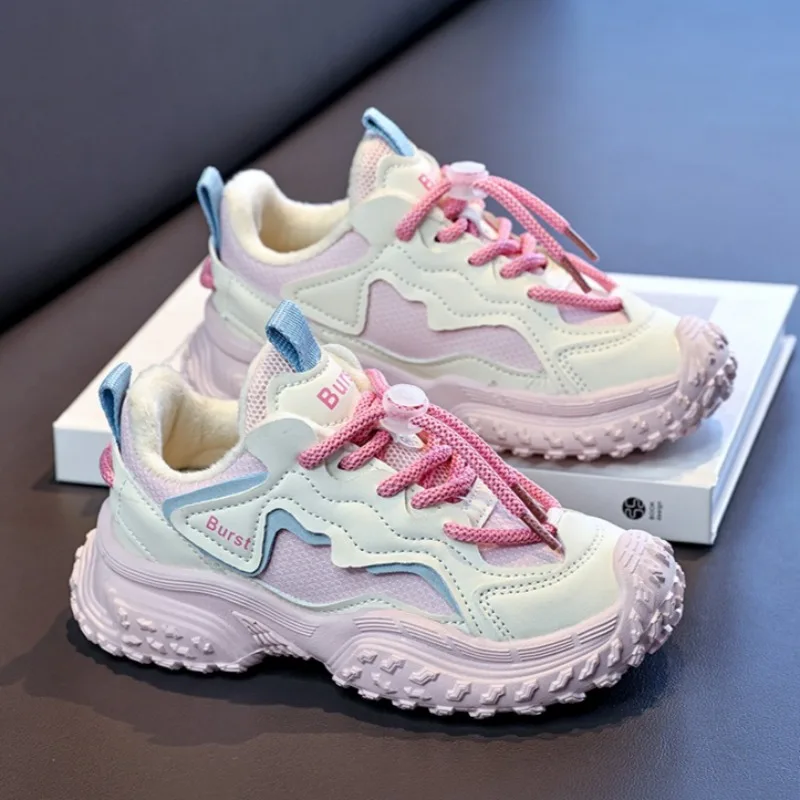 Winter Children Leather Velvet Sneaker for Girls Cute Pink Purple Kids Casual Sports Sneaker Warm Girls Tennis Shoes Plush