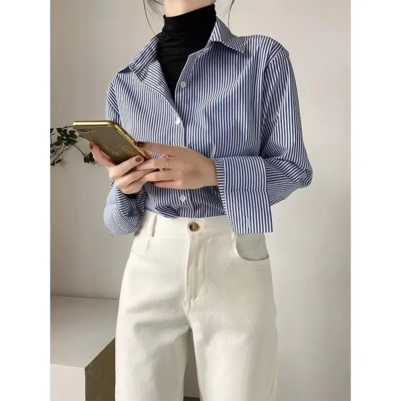 

Classic Striped Woman Spring Summer Blouses Shirt Lady Long Sleeve Stand Collar Loose Blusas Tops Y2k Korean Design Chic Tunics