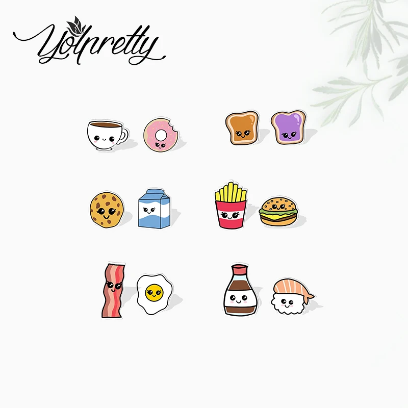 2021 New Cute Fastfood Breakfast Foods Milk Cookie Bread Hamburger Fries Handcraft Acrylic Epoxy Stud Earrings