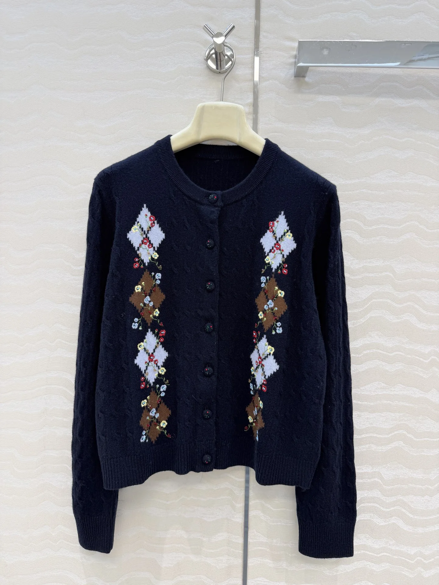 2026 Autumn Winter Women Cashmere Crew Neck Cardigan, Cable Knit With Hand Beaded Embroidery, Classic Intellectual Collegiate St