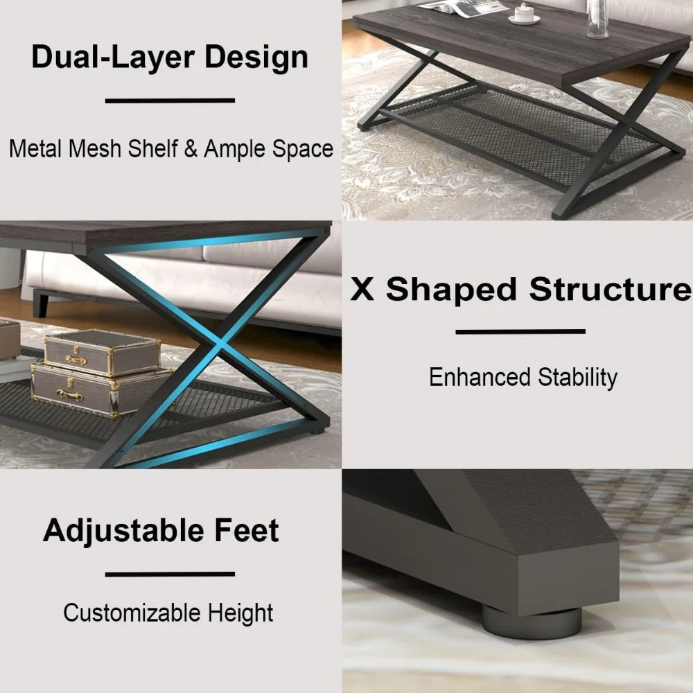 Mesa de centro rectangular de madera de 2 niveles, mesa de centro de almacenamiento, cóctel bajo, gris, Industrial, sala de estar