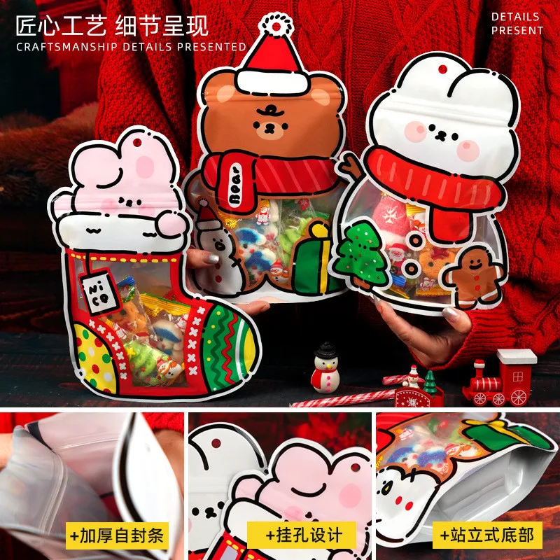 10 szt. Świąteczne skarpetki z motywami z kreskówek, torby na prezenty, opakowania na cukierki i ciasteczka dla dzieci, samozamykające się, dekoracje świąteczne na Boże Narodzenie.