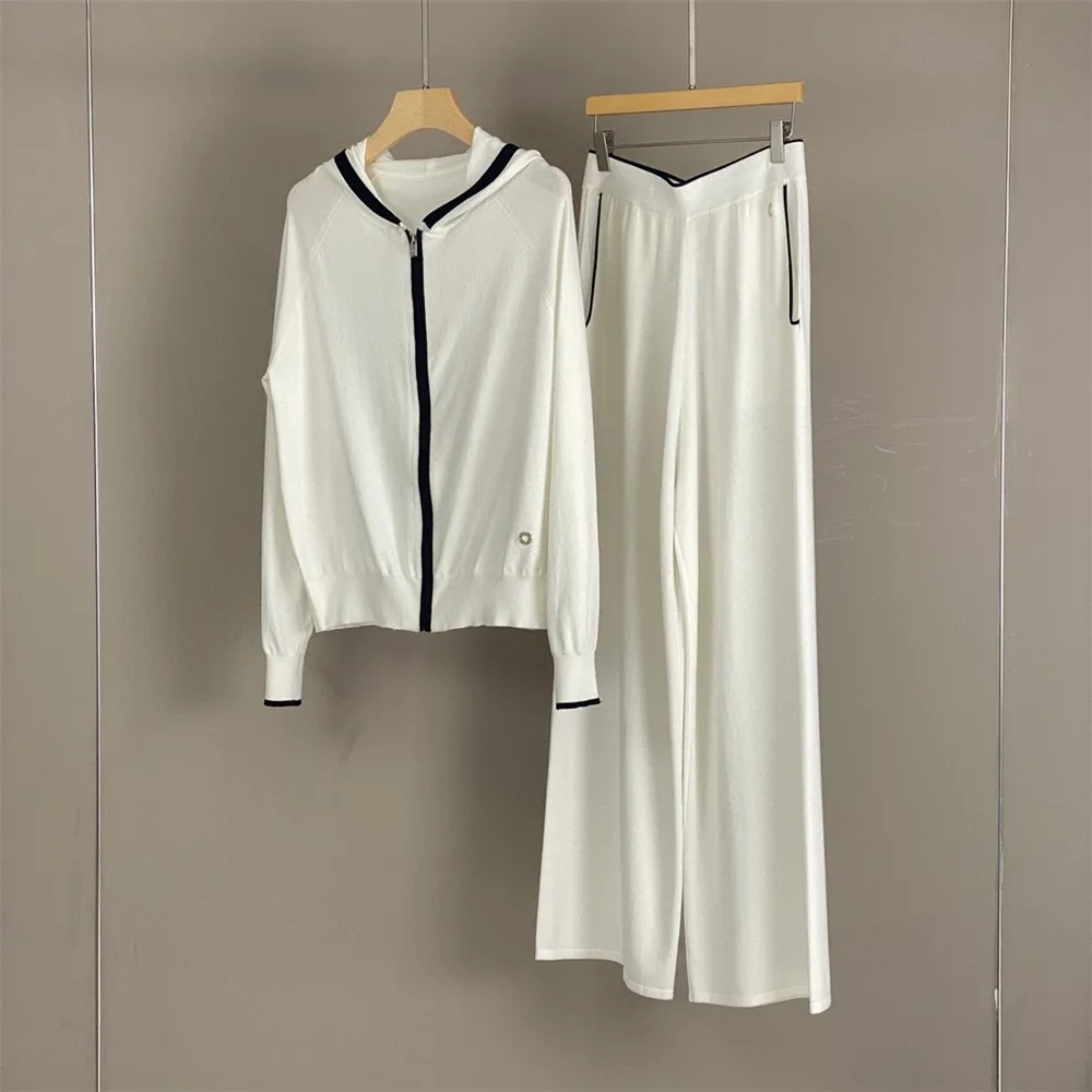 2025 봄/여름 신사복 실크와 코튼 다목적 니트 까마귀 탑 + 캐주얼 와이드 레그 팬츠 2 피스 세트