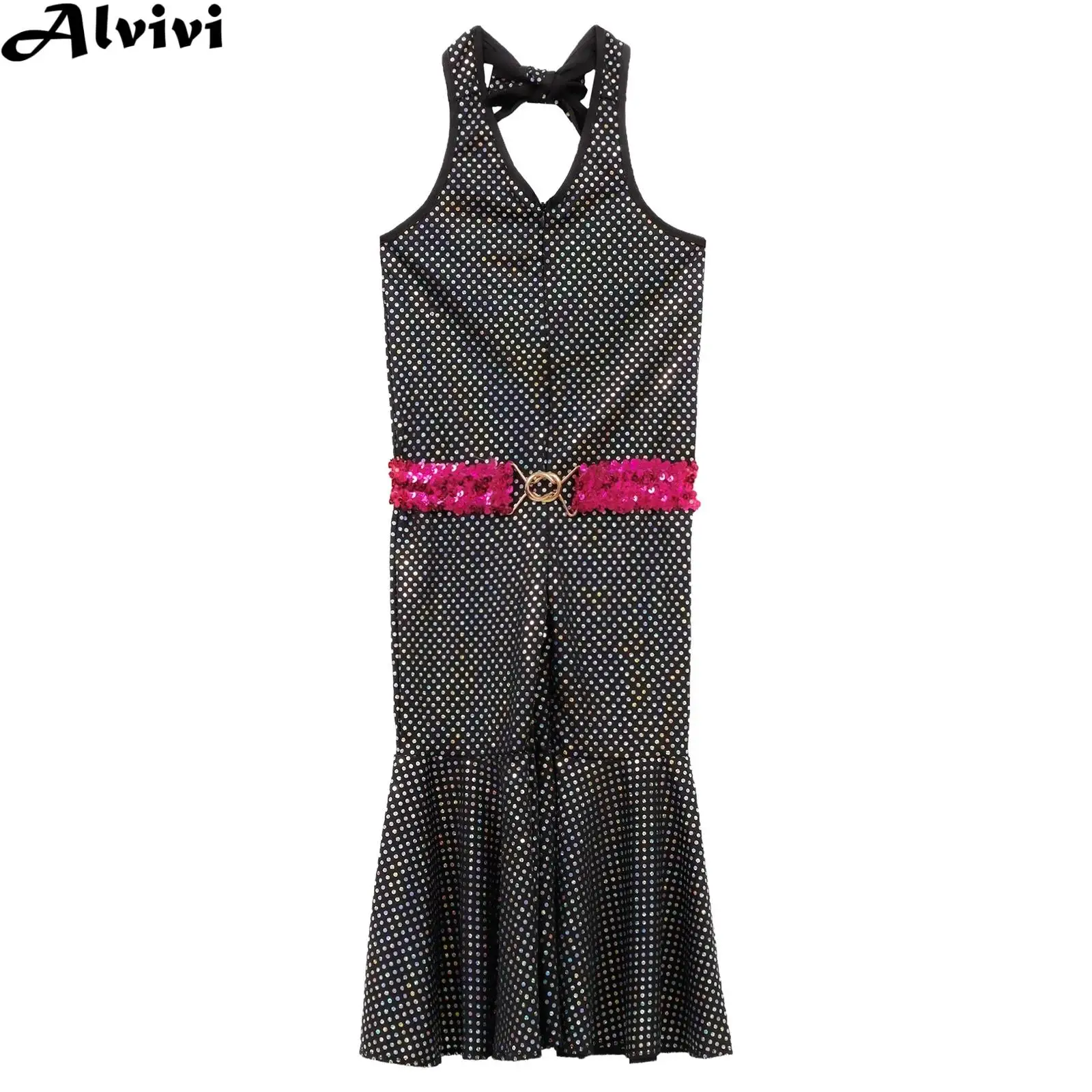 Kids Girls Retro Disco Dance Jumpsuit Halter Shinny Sequins Flare Bodysuit with Belt Halloween Carnival Hippie Cosplay Costume