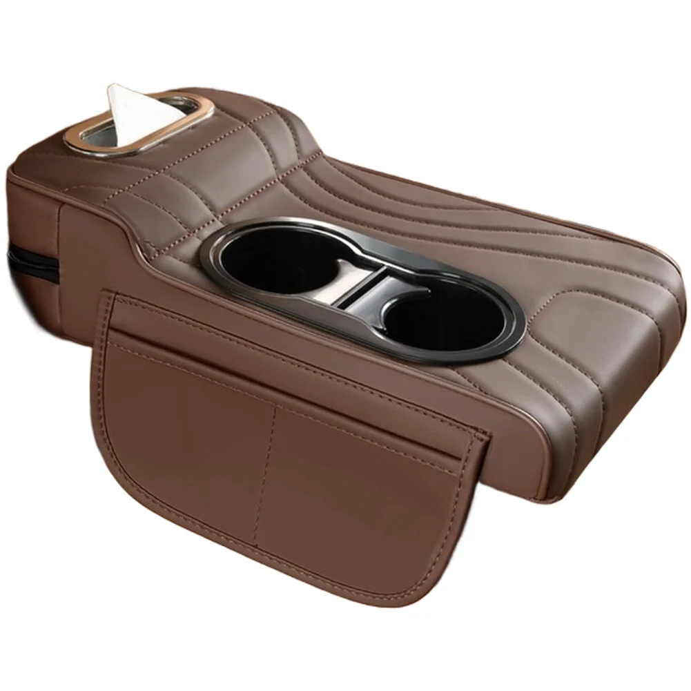 Automotive Leather Armrest Cover with Raised Support Pad Compartment Dual Cup Holders and Side Storage Integration