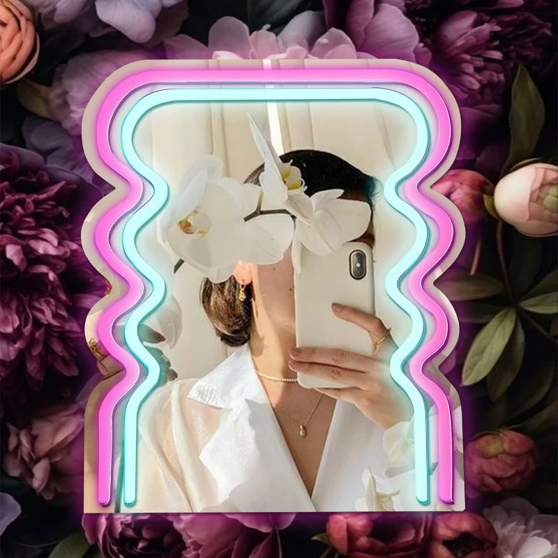 Archway Wave Neon Sign Mirror for Wall Decor 3D Art Neon Light LED Lights Wall Mirrors,Makeup Mirror with Lights for Women Gift