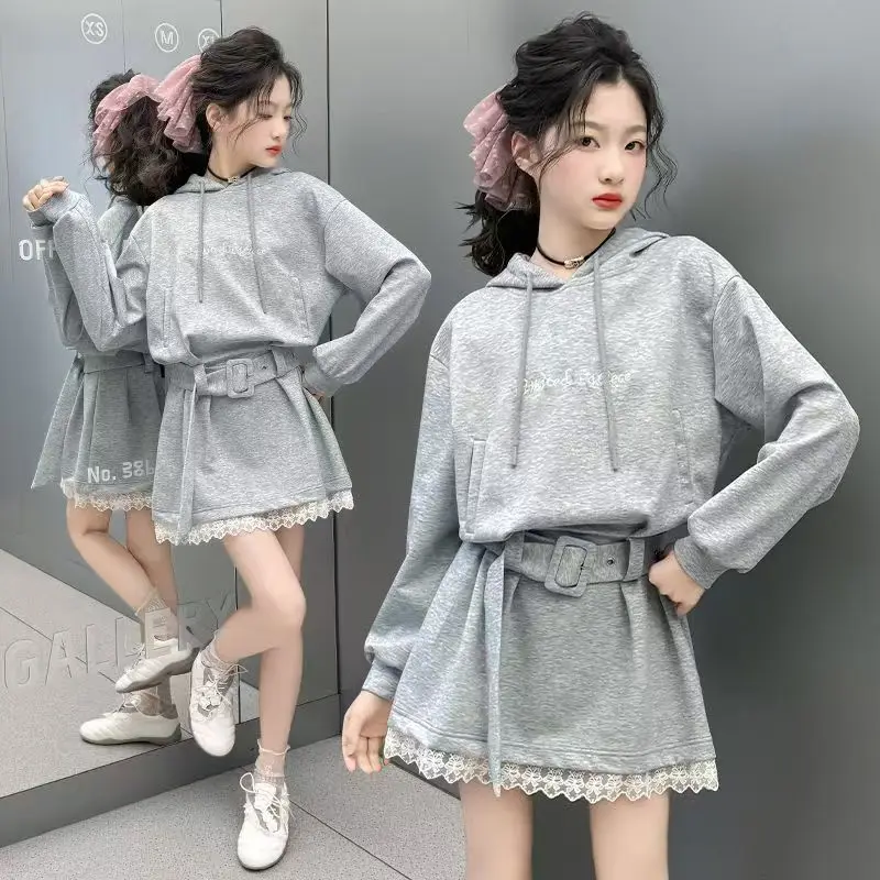 Girls' Spring and Autumn Hooded Hoodie Dress 2026 Korean Edition College Style Casual Waist Combo Dress