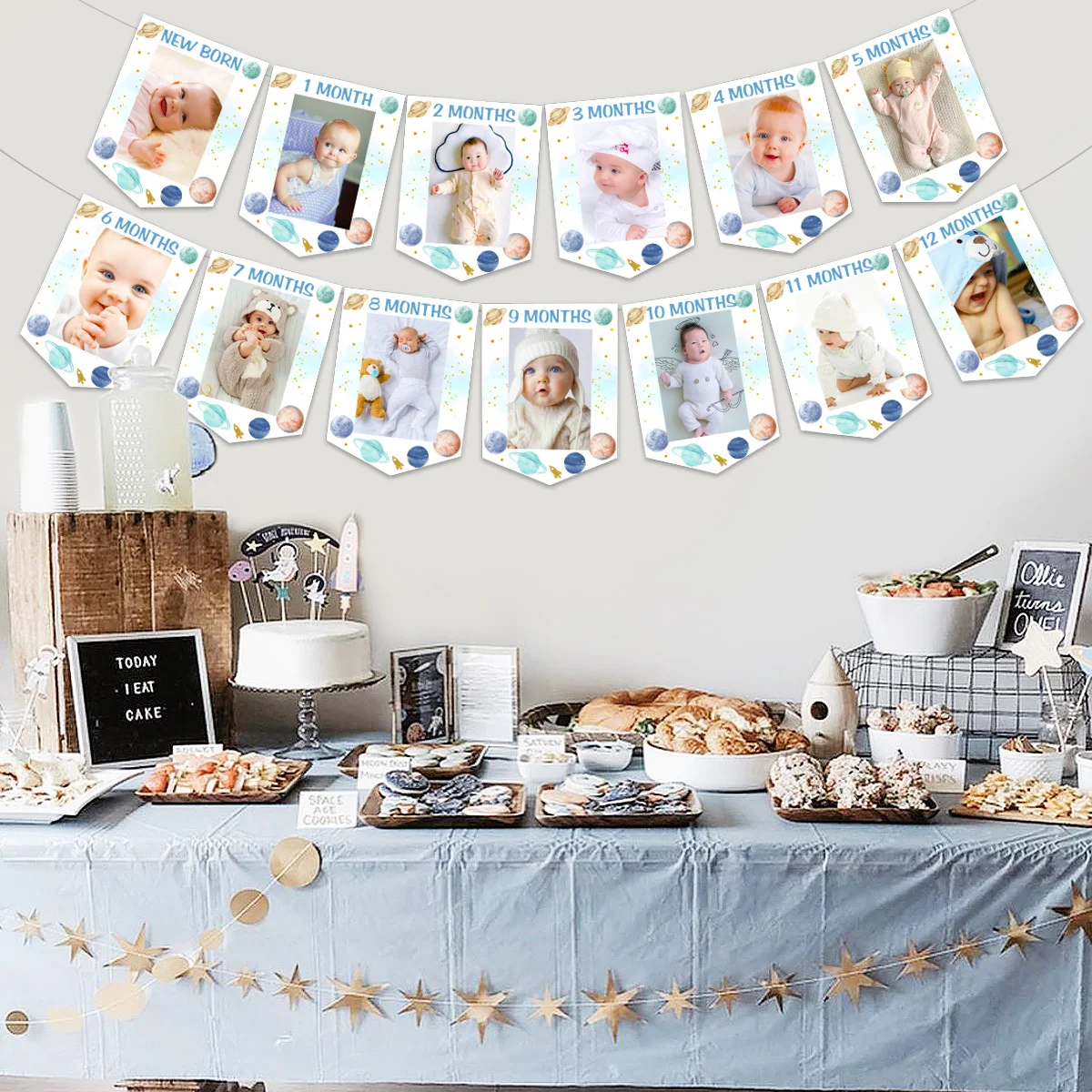 Funmemoir Outer Space Theme 1st Birthday Photo Banner First Trip Around The Sun Birthday Decoration for Newborn To 12 Months Boy