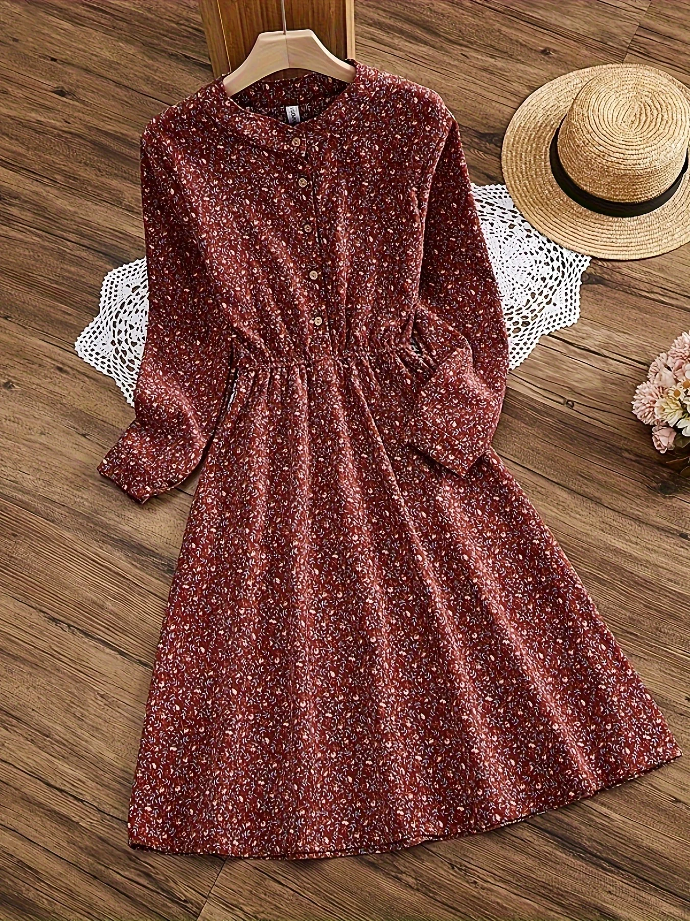 Hot Sales Prairie Chic Sweet Mori Girl Basic Wear Retro Floral Printed Midi Robe Women Corduroy Pocket Dress Elegant Clothes