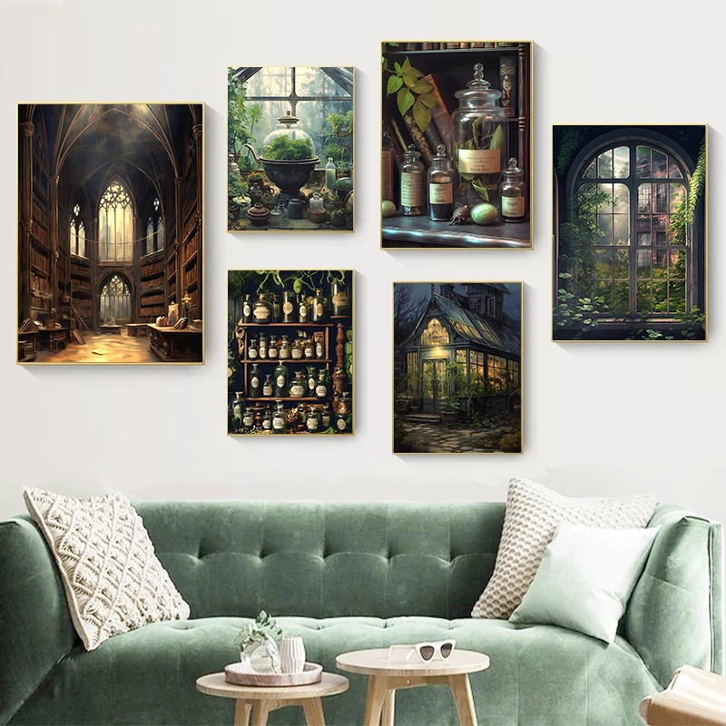 Dark Academy Antique Greenhouse Pharmacy Plants Still Life Art Poster Canvas Painting Studio Laboratory Wall Decoration Painting