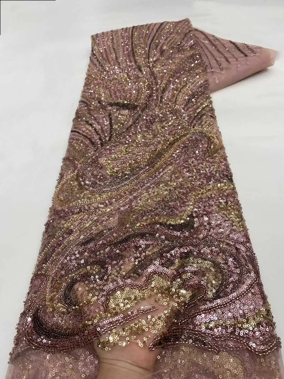 

Luxury French Lace Fabric With Handmade Beads 2025 High Quality Sequins Beaded African Tulle Net Lace Fabric Nigerian Dress