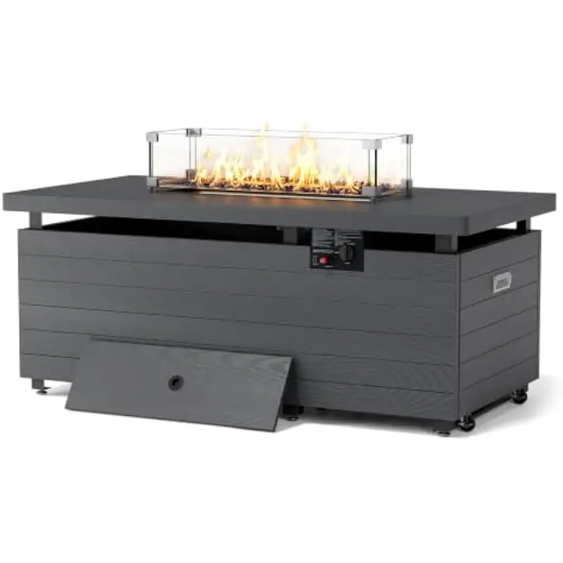 Outdoor rectangular fire pit table 51 inches with 50000 BTU propane heating system tempered glass wind barrier sliding concealed