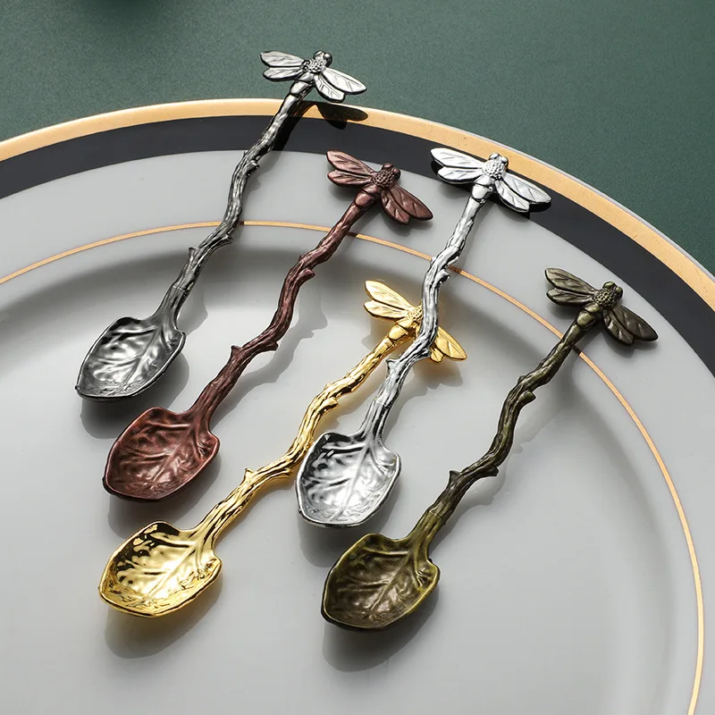 New Retro Coffee Spoon Dragonfly Twig Decorative Stirring Spoon Alloy Leaf Spoon Forest Style Portable Dessert Spoon Tea Spoon