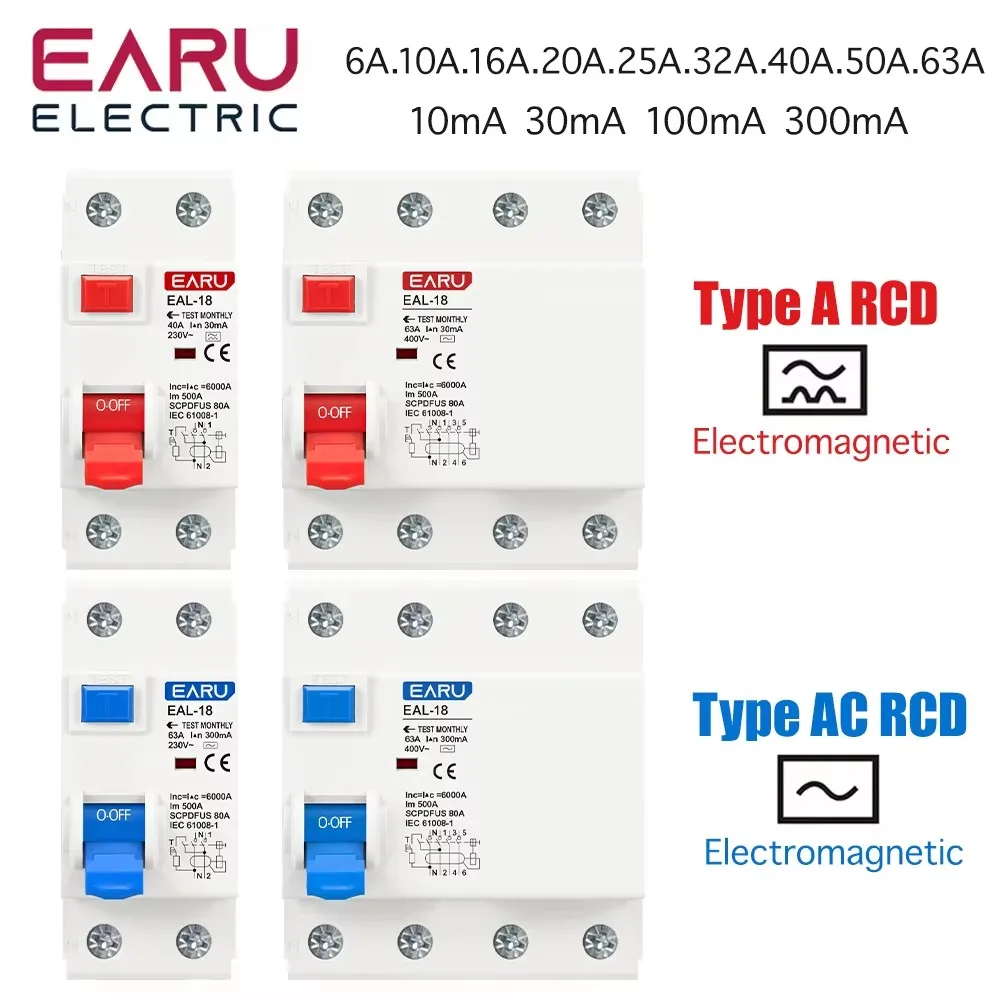 2P 4P A/AC Type 10mA 30mA 100mA 300mA Residual Current Leakage Short Circuit Protection RCD RCCB ELCB Circuit Breaker