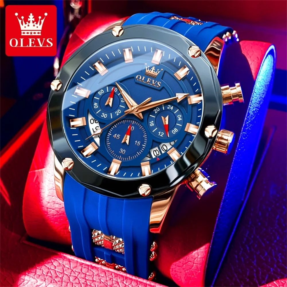 OLEVS Fashion Brand Original Men Watches Waterproof Large Dial Quartz Watch Silicon Tape Calendar Trend Box Set Authentication