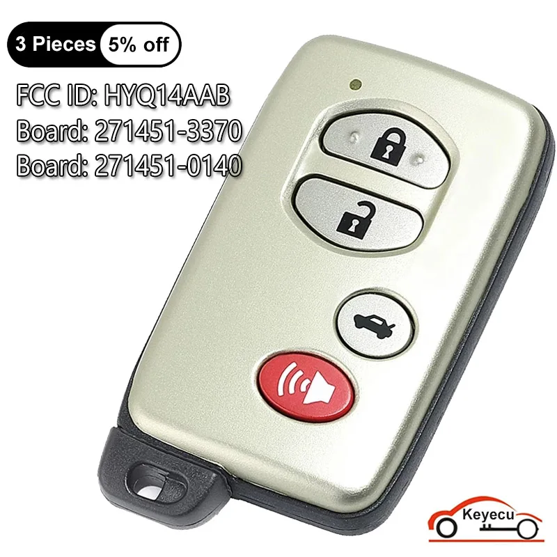 KEYECU 4 Buttons for Toyota Corolla Avalon Camry 2007-2014 Auto Smart Remote Control Key Fob HYQ14AAB, 271451-3370, 271451-0140