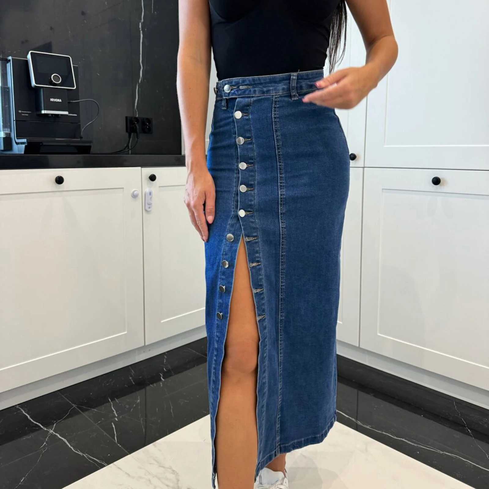 Women Solid Color Oblique Button Up Long Skirt High Waist Denim Skirt for Travel Beach Shopping