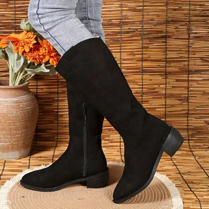 Pointed Toe Women Suede Motorcycle Boots Autumn 2024 Knee High Fashion Mid Heels Chunky Zipper Chelsea Boots Zapatos Mujer Boats