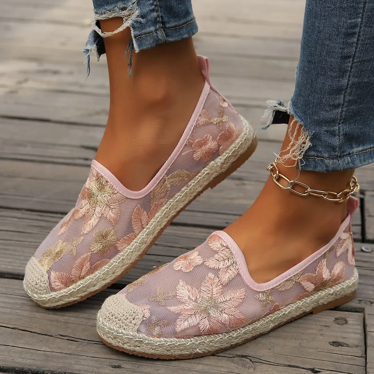 Large Size Single Shoe Women\'s 2024 Summer New Lace Mesh Hollowed Out Women\'s Flat Bottomed Fisherman\'s Shoes flat shoes women