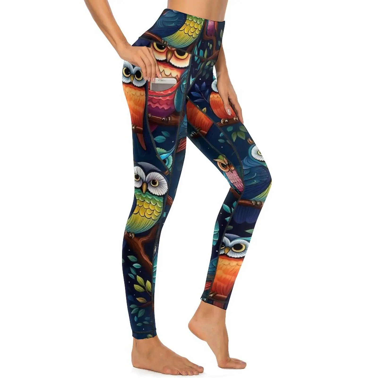 Cute Bold Owl Leggings Sexy Whimsical Animal Fitness Running Yoga Pants Push Up Stretch Sports Tights Pockets Elegant Leggins