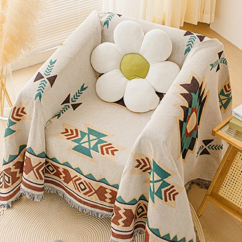 Boho Single Seater Sofa Cover Aztec Couch Throw Blanket with Tassels All-Season Decorative Furniture Slipcover for Living Room