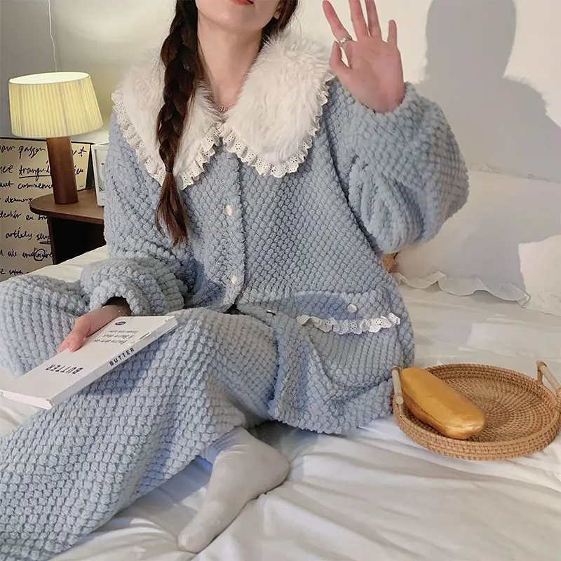 Pijamas de invierno para mujer, traje de lana coral, ropa de dormir holgada y cómoda, conjunto de pijama grueso con forro polar para mantener el calor, ropa de casa de franela