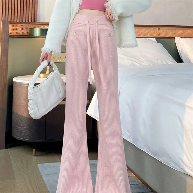 

Осенне-зимние новые свободные шерстяные вязаные широкие брюки с высокой талией для женщин, которые можно носить прямые широкие брюки с мопедом