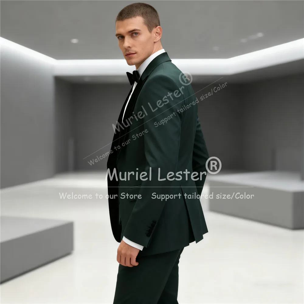 

Classic Green Business Suit Men Black Peaked Lapel Prom Blazer Customized 3 Piece Set Man Banquet Party Attire Groom Tuxedos