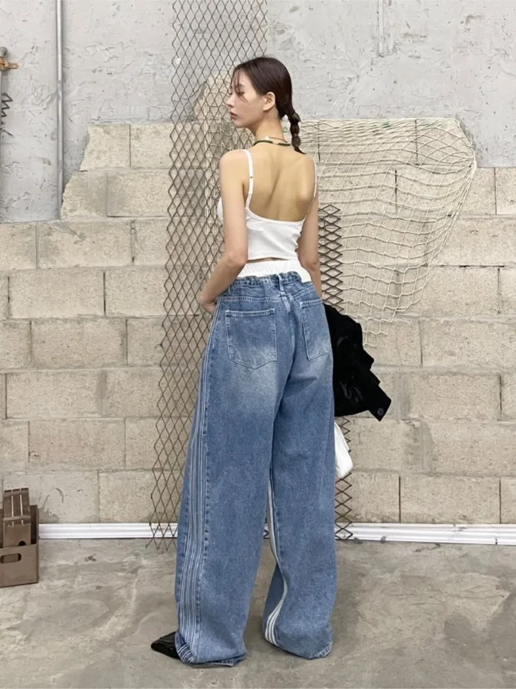 Jeans Autumn Long Wide Leg Pant Women Striped Patchwork Fashion Retro Ladies Trousers Korean Style Loose Pleated Woman Pants