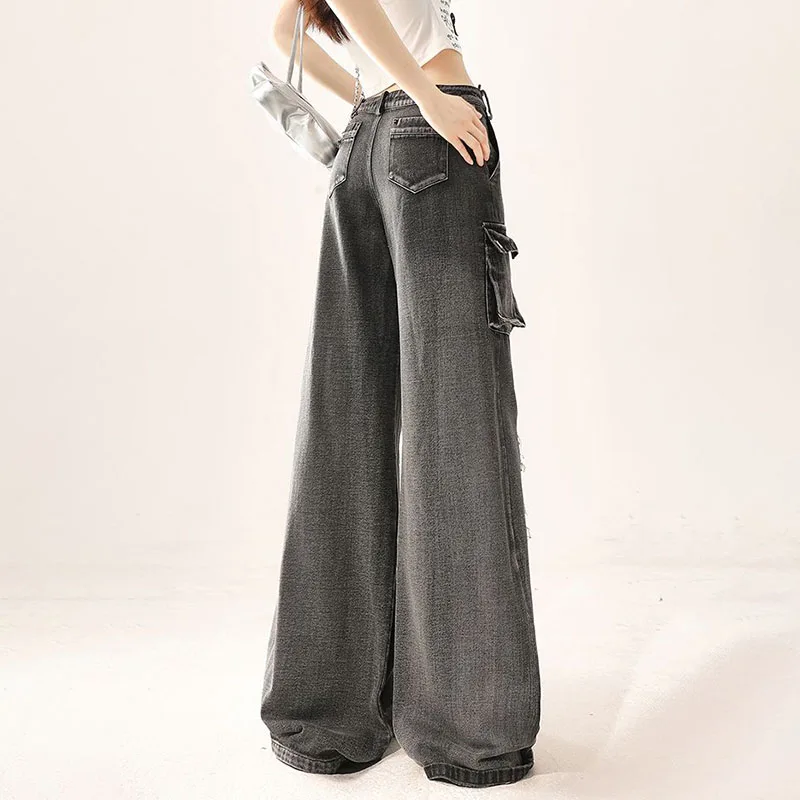 High Waist Wide Leg Loose Denim Jeans Women's Spring Summer Ripped Street Strap Workwear Long Pants