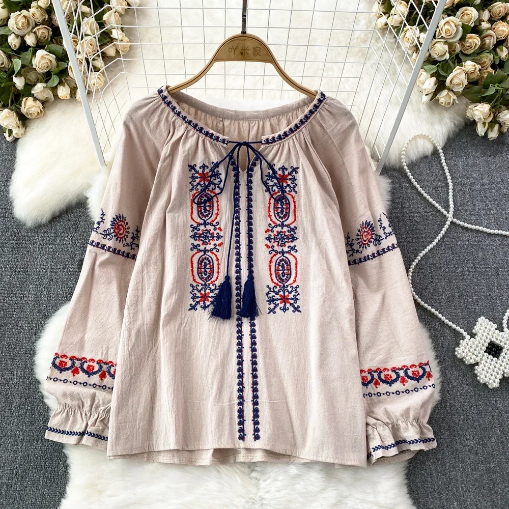 

Ethnic Style Blouse O-Neck Shirts Women Loose Fit Shirt Embroidered Tops Female Blouses Lantern Sleeve Lace-up Blusas Dropship