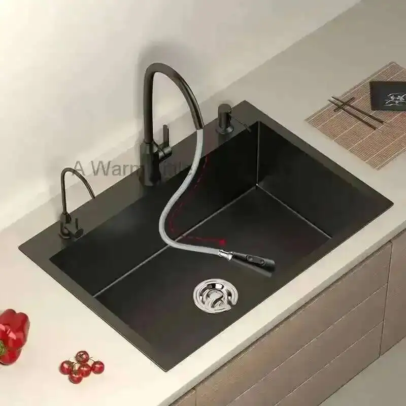 Nano Steel Sinks Large Black Stainless Kitchen Single Tank Countertop Basin Home Kitchen Vegetable Sink 304 Thickened Wash Basin
