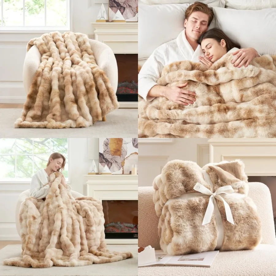 

Faux Fur Throw Blanket for Couch, Fuzzy Soft Plush Thick Bubble Blanket for Sofa Bedroom Living Room, 50 60 Inch