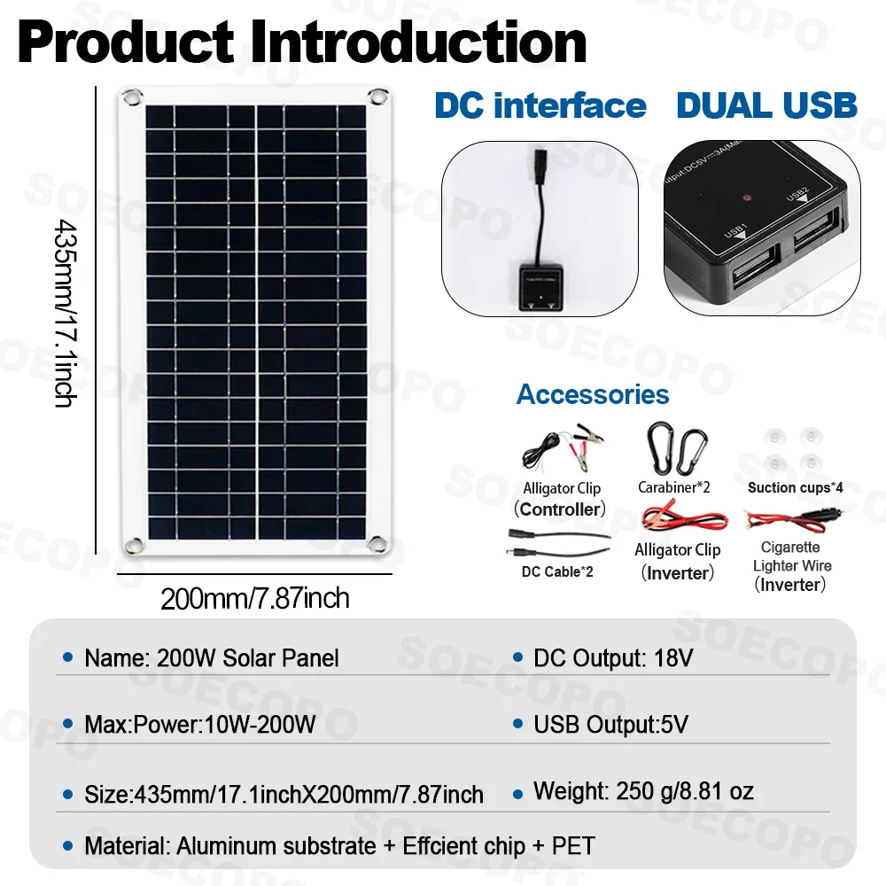 6000W Solar System Kit with 2*200W Solar Panels(USB 5V 1.5A) 100A Controller Inverter DC 12V to AC 110V/220V for Camping RV Home