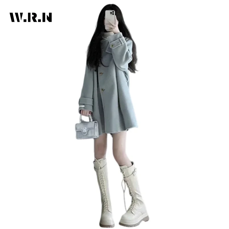 2024 Winter Chic Oversized Simple Style Wool Jacket Women's Sweet Outerwear Loose Solid Blends Turn Down Collar Warm Coat